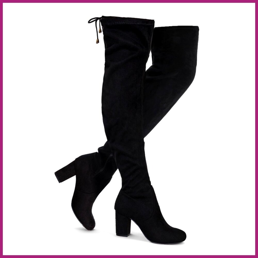 Over the Knee Boots with 3 Inch Chunky Heels, Suede Material, Zipper Opening